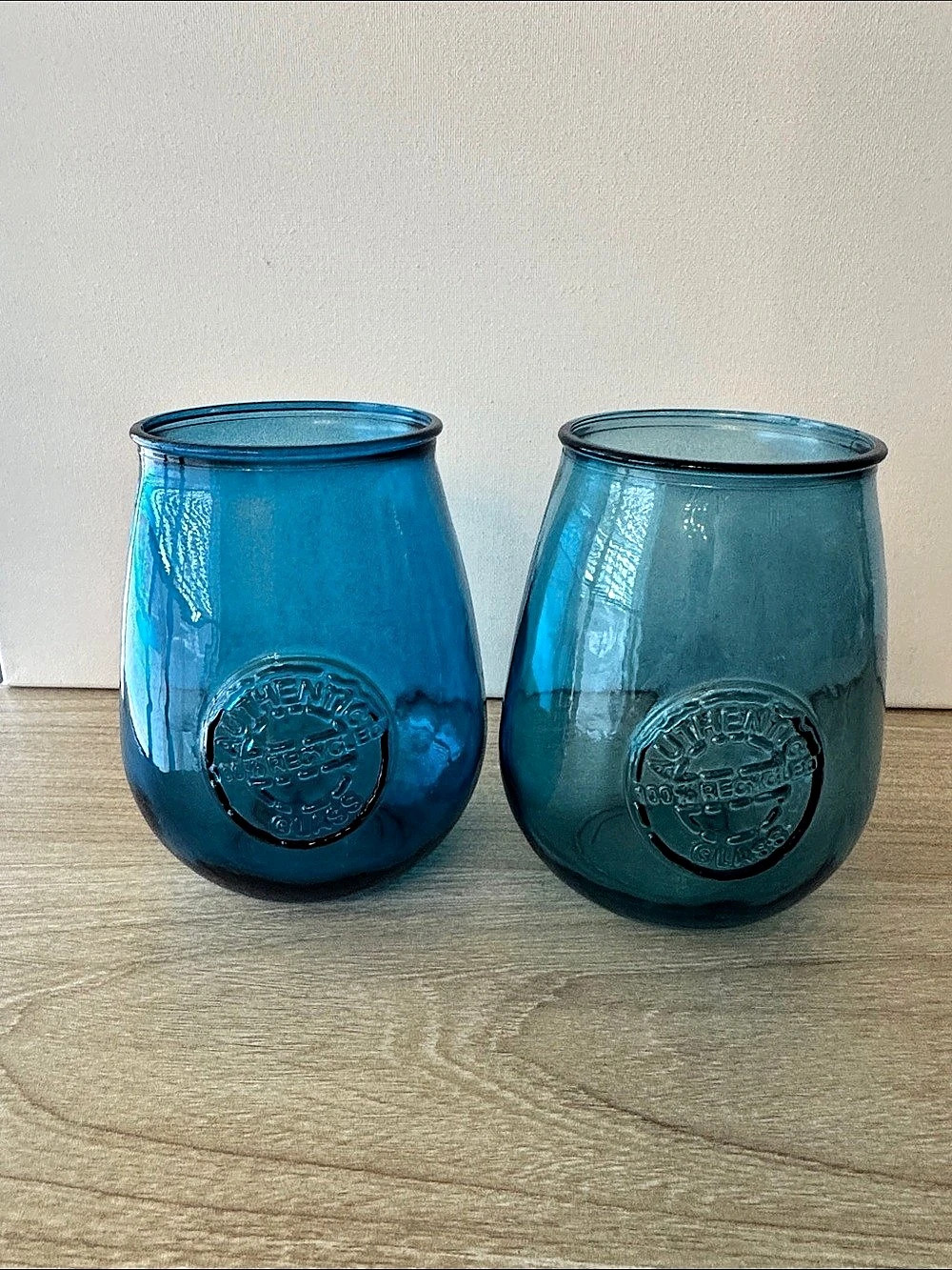 Set of 2 Blue Recycled Glass Tumblers / Stemless Glasses